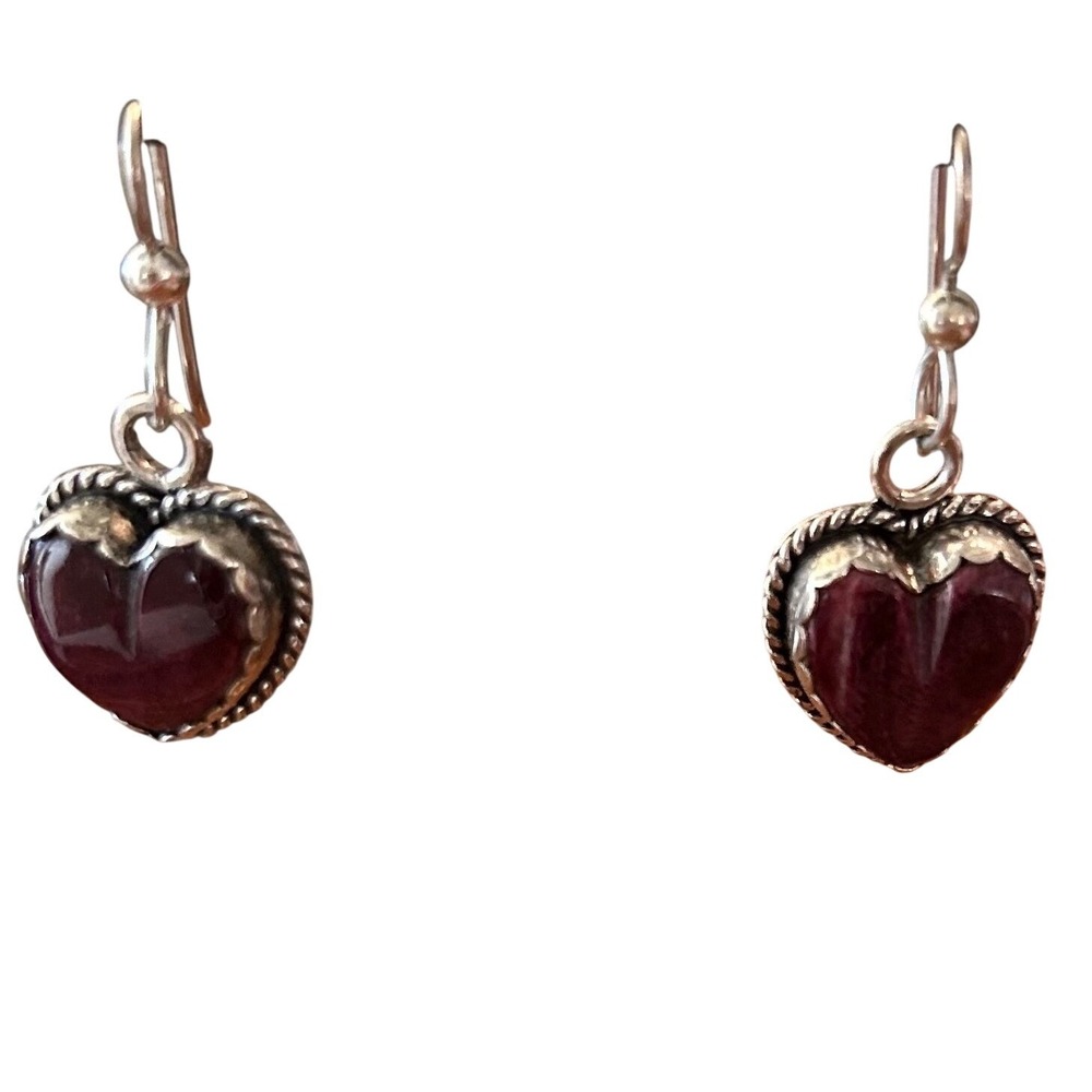 Joan Slifka Sterling Silver Plum Carved Heart Dangle Earrings Signed Hallmarked - Picture 4 of 10